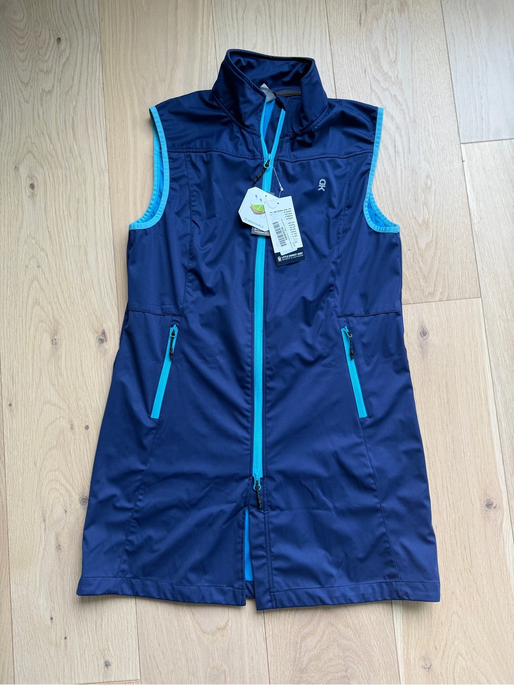 Navy Sleeveless Zip-Front Vest with Aqua Trim